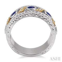 3x3MM Round Cut Sapphire and 1/6 Ctw Round Cut Diamond Precious Fashion Ring in 14K White and Yellow Gold