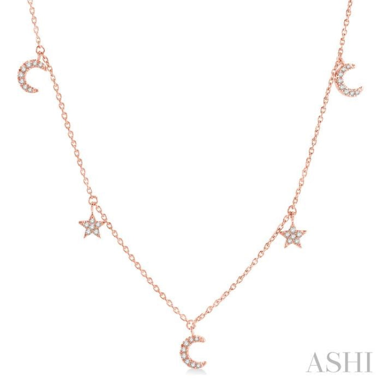 1/8 ctw Star and Moon Crescent Round Cut Diamond Necklace in 14K Rose Gold