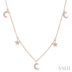 1/8 ctw Star and Moon Crescent Round Cut Diamond Necklace in 14K Rose Gold