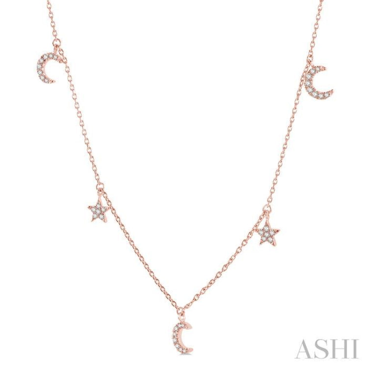 1/8 ctw Star and Moon Crescent Round Cut Diamond Necklace in 14K Rose Gold