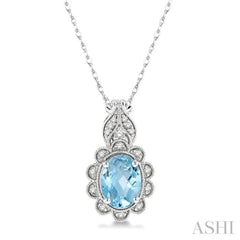 1/10 Ctw Floral 8x6 MM Oval Cut Aquamarine and Round Cut Diamond Semi Precious Pendant With Chain in 10K White Gold