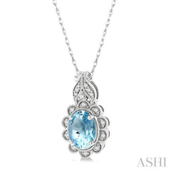 1/10 Ctw Floral 8x6 MM Oval Cut Aquamarine and Round Cut Diamond Semi Precious Pendant With Chain in 10K White Gold