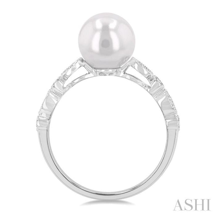 1/10 ctw 8x8MM Cultured Pearl and Round Cut Diamond Ring in 14K White Gold