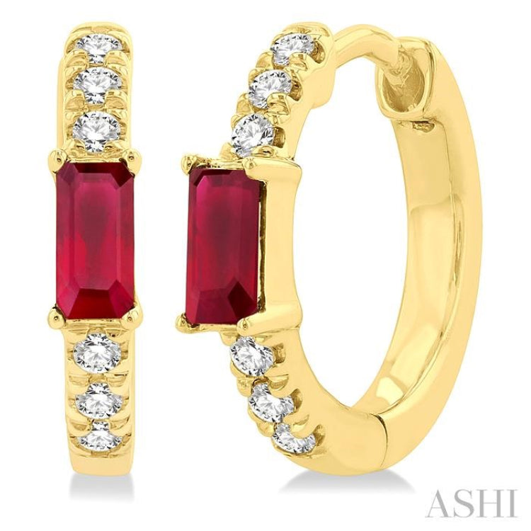 1/8 ctw Petite 4X2 MM Ruby and Round Cut Diamond Fashion Huggies in 10K Yellow Gold