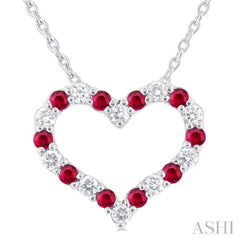 1/8 ctw Open Heart 1.4 MM Round Cut Ruby and Round Cut Diamond Precious  Fashion Pendant With Chain in 14K White Gold