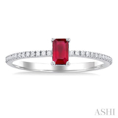 1/10 ctw Petite 5x3 MM Emerald Shape Ruby and Round Cut Diamond Precious Fashion Ring in 10K White Gold