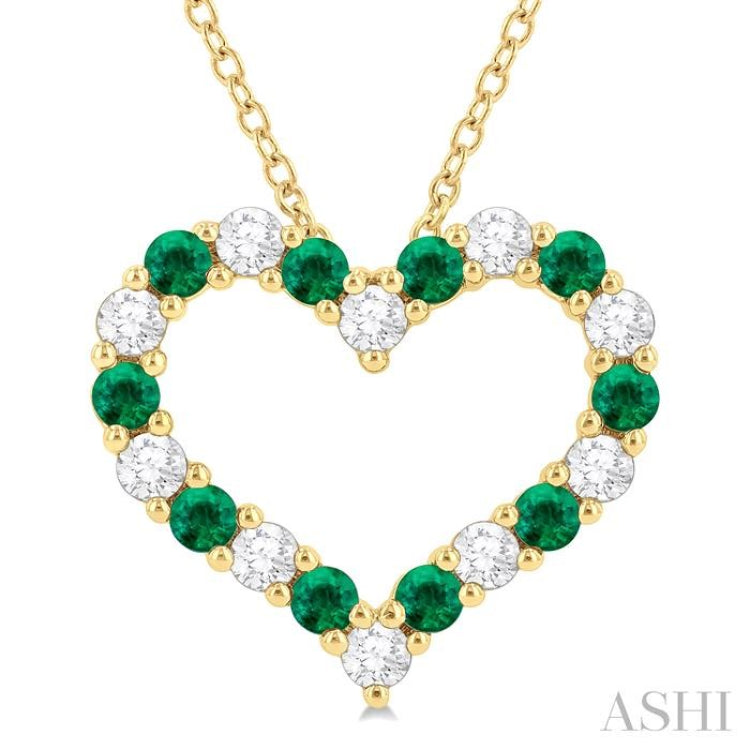 1/2 ctw Open Heart 2.3 MM Round Cut Emerald and Round Cut Diamond Precious  Fashion Pendant With Chain in 14K Yellow Gold