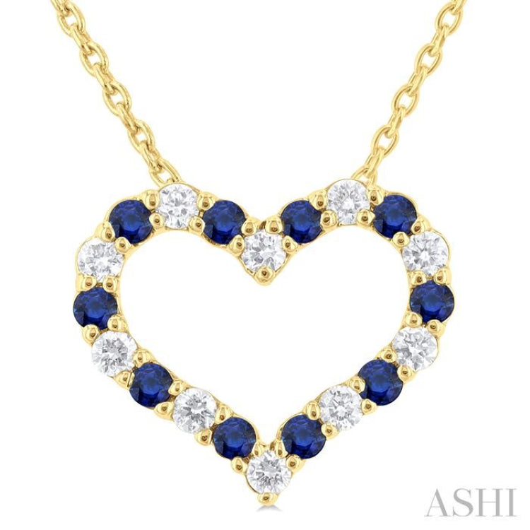 1/8 ctw Open Heart 1.4 MM Round Cut Sapphire and Round Cut Diamond Precious  Fashion Pendant With Chain in 14K Yellow Gold