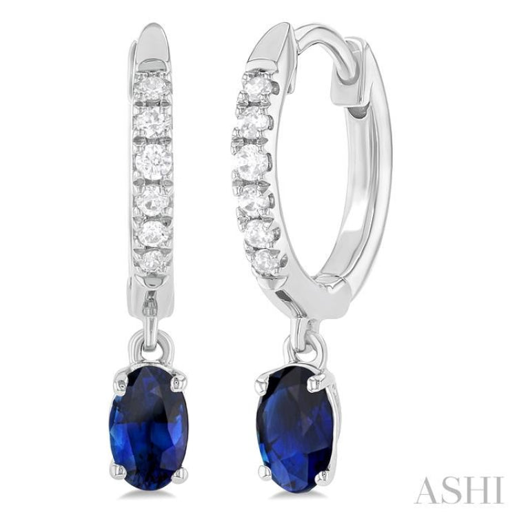 1/8 ctw Petite 5x3 MM Oval Cut Sapphire and Round Cut Diamond Precious Fashion Huggies in 10K White Gold