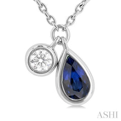 1/50 ctw Pear Cut 5X3MM sapphire and Bezel Set Round Cut Diamond Precious Necklace in 10K White Gold