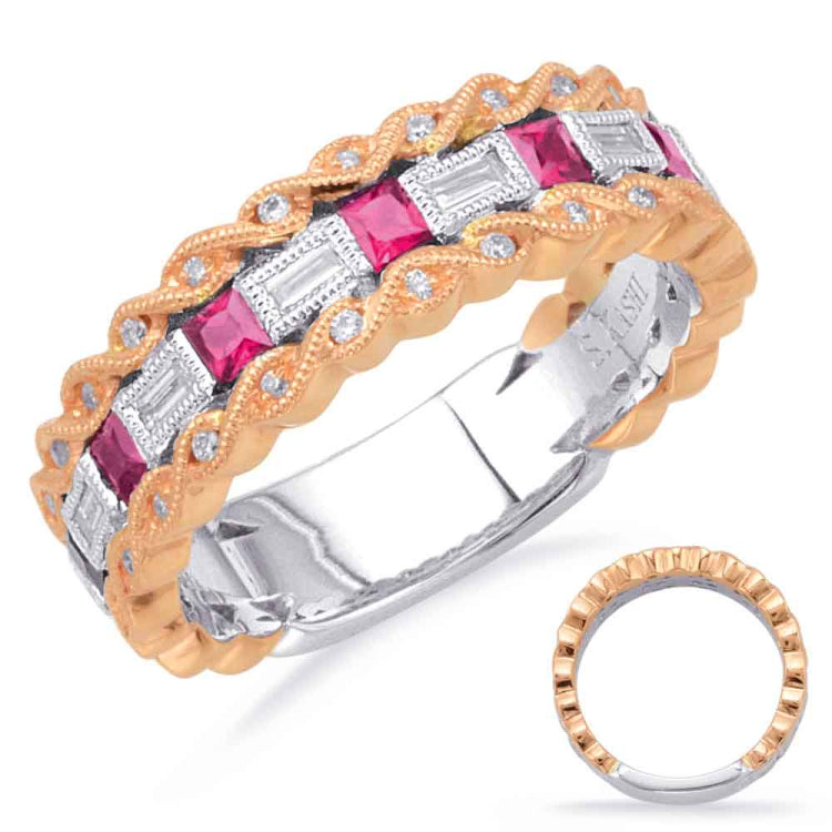 14 KT Baguette Shape Rose & White Gold Ruby & Diamond Ring