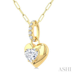 1/4 Ctw Dome Heart and Round Cut Diamond Fashion Pendant With Paper Clip Chain in 14K Yellow Gold
