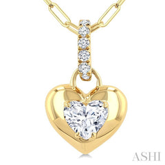 1/4 Ctw Dome Heart and Round Cut Diamond Fashion Pendant With Paper Clip Chain in 14K Yellow Gold