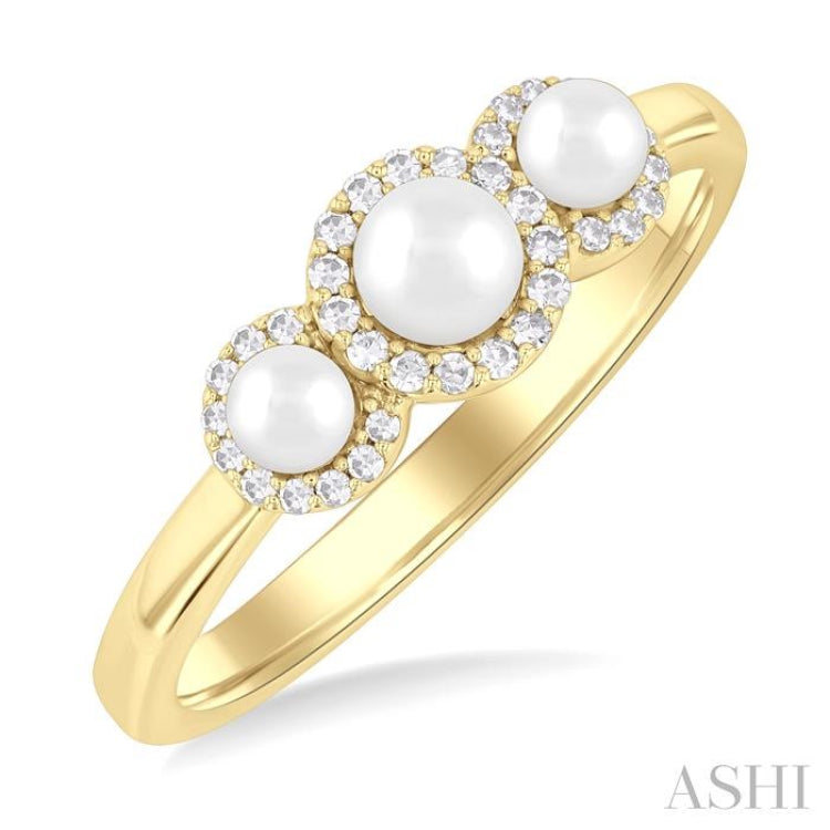 4 MM & 3 MM Cultured Pearl and 1/8 Ctw Past, Present & Future Round Cut Diamond Halo Ring in 10K Yellow Gold