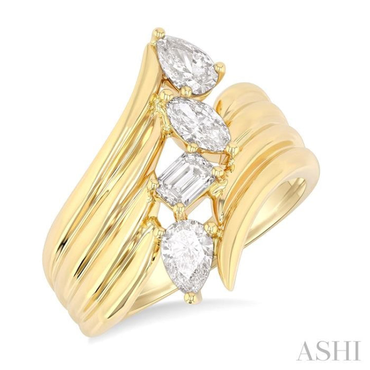 1 Ctw Open Bypass Ribbed Shank Mixed Diamond Cut Fashion Ring in 14K Yellow Gold
