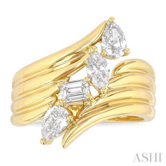 1 Ctw Open Bypass Ribbed Shank Mixed Diamond Cut Fashion Ring in 14K Yellow Gold