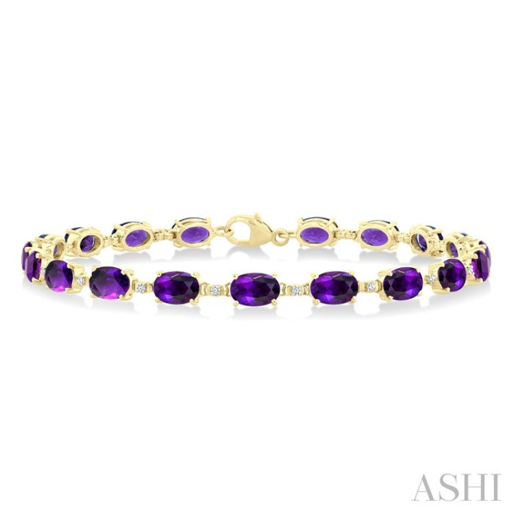 6X4 MM Oval Cut Amethyst and 1/6 Ctw Round Cut Diamond Semi-Precious Tennis Bracelet in 10K Yellow Gold