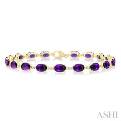 6X4 MM Oval Cut Amethyst and 1/6 Ctw Round Cut Diamond Semi-Precious Tennis Bracelet in 10K Yellow Gold