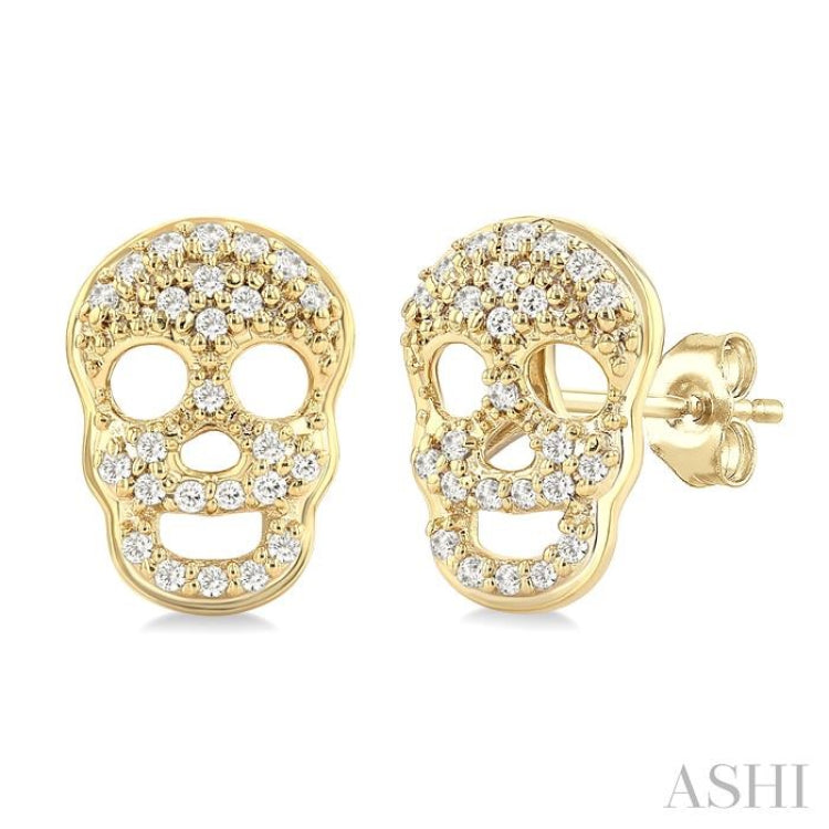 1/6 Ctw Petite Skull Single Cut Diamond Fashion Earrings in 10K Yellow Gold