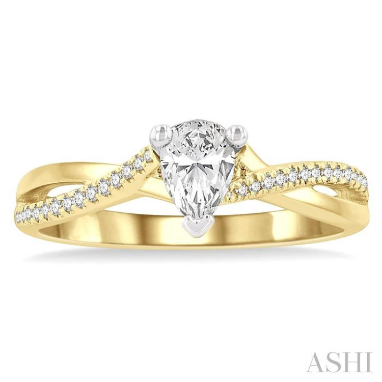 1/2 Ctw Split Crossover Shank Round & Pear Cut Diamond Engagement Ring with 1/3 Ctw Pear Cut Center Stone in 14K Yellow and White Gold