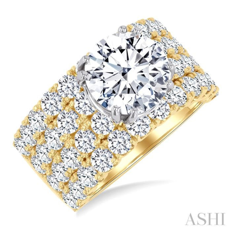 3 1/2 Ctw Wide Four Row Round Shape Semi-Mount Diamond Engagement Ring in 14K Yellow and White Gold