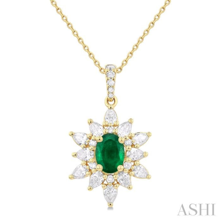 7x5 MM Oval Cut Emerald and 1 Ctw Pear & Round Cut Diamond Precious Pendant With Chain in 14K Yellow Gold