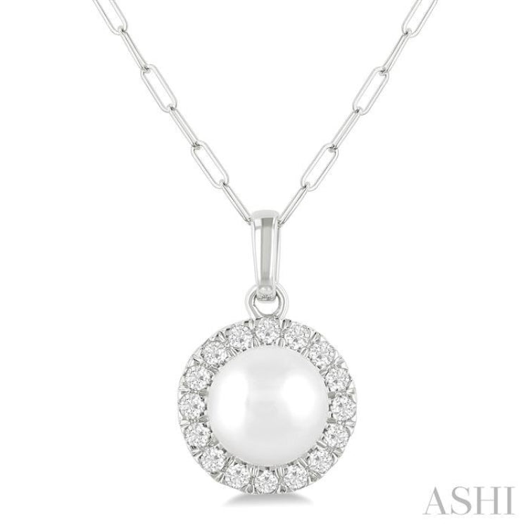 6 MM Cultured White Pearl and 1/6 Ctw Round Cut Diamond Halo Pendant With Chain in 10K White Gold