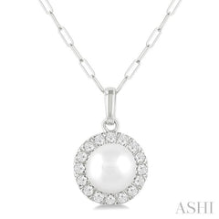 6 MM Cultured White Pearl and 1/6 Ctw Round Cut Diamond Halo Pendant With Chain in 10K White Gold