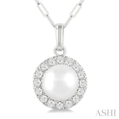 6 MM Cultured White Pearl and 1/6 Ctw Round Cut Diamond Halo Pendant With Chain in 10K White Gold