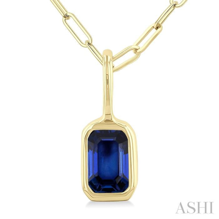 6x4 MM Bezel Set Emerald Cut Sapphire Precious Fashion Pendant With Paperclip Chain in 14K Yellow Gold