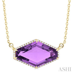 16x10 MM Hexagon Shape Amethyst and 1/10 Ctw Round Cut Diamond Halo Semi-Precious Pendant With Chain in 14K Yellow Gold