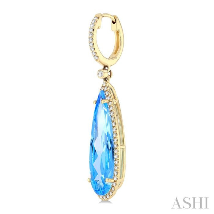 23x7 MM Pear Shape Blue Topaz and 3/8 Ctw Round Cut Diamond Halo Semi-Precious Earrings in 14K Yellow Gold