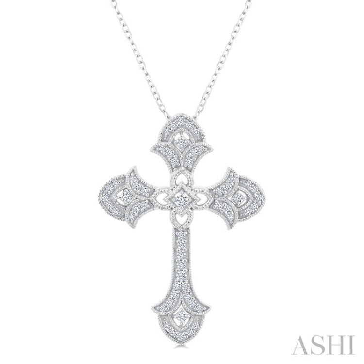 1/4 Ctw Cross Round Cut Diamond Fashion Pendant With Chain in 14K White Gold