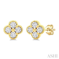 1/5 Ctw Clover Round Cut Diamond Fashion Earrings in 14K Yellow Gold