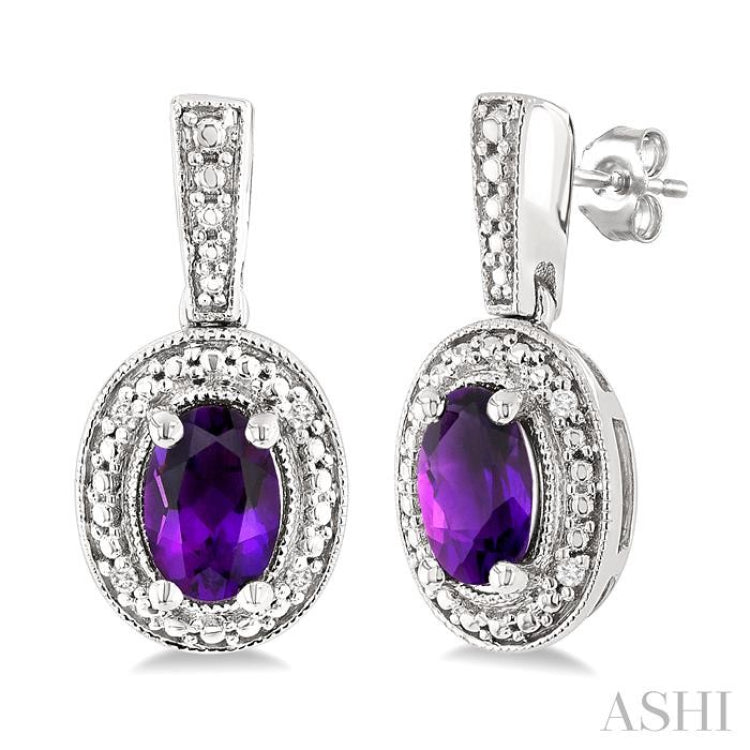 6X4 MM Oval Shape Amethyst and 1/50 Ctw Round Cut Diamond Semi-Precious Earrings in Sterling Silver
