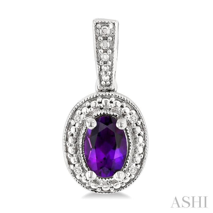 6X4 MM Oval Shape Amethyst and 1/50 Ctw Round Cut Diamond Semi-Precious Earrings in Sterling Silver