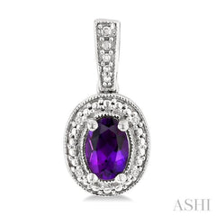 6X4 MM Oval Shape Amethyst and 1/50 Ctw Round Cut Diamond Semi-Precious Earrings in Sterling Silver