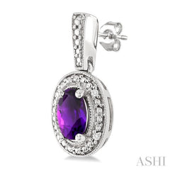 6X4 MM Oval Shape Amethyst and 1/50 Ctw Round Cut Diamond Semi-Precious Earrings in Sterling Silver