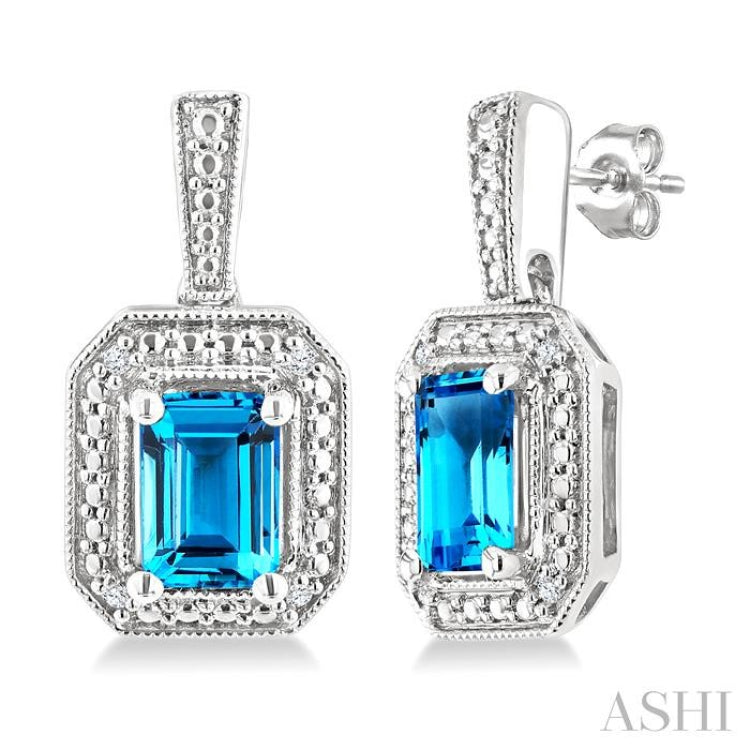 6X4 MM Octagon Shape Blue Topaz and 1/50 Ctw Round Cut Diamond Semi-Precious Earrings in Sterling Silver