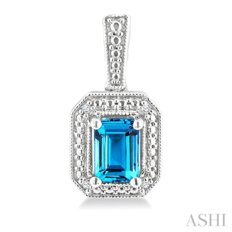 6X4 MM Octagon Shape Blue Topaz and 1/50 Ctw Round Cut Diamond Semi-Precious Earrings in Sterling Silver