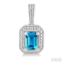6X4 MM Octagon Shape Blue Topaz and 1/50 Ctw Round Cut Diamond Semi-Precious Earrings in Sterling Silver