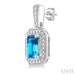 6X4 MM Octagon Shape Blue Topaz and 1/50 Ctw Round Cut Diamond Semi-Precious Earrings in Sterling Silver