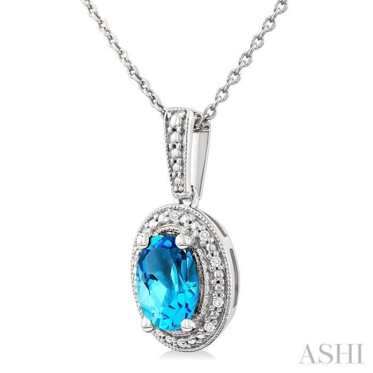 7X5 MM Oval Shape Blue Topaz and 1/50 Ctw Round Cut Diamond Semi-precious Pendant With Chain in Sterling Silver