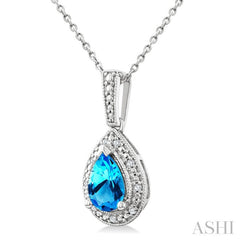 7X5 MM Pear Shape Blue Topaz and 1/50 Ctw Round Cut Diamond Semi-precious Pendant With Chain in Sterling Silver
