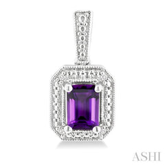 6X4 MM Octagon Shape Amethyst and 1/50 Ctw Round Cut Diamond Semi-Precious Earrings in Sterling Silver