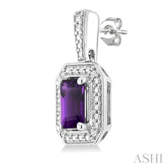 6X4 MM Octagon Shape Amethyst and 1/50 Ctw Round Cut Diamond Semi-Precious Earrings in Sterling Silver