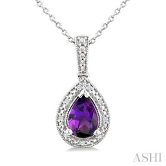 7X5 MM Pear Shape Amethyst and 1/50 Ctw Round Cut Diamond Semi-precious Pendant With Chain in Sterling Silver