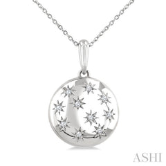 1/10 Ctw Bold Star Engraved Puffed Round Round Cut Diamond Pendant With Chain in Sterling Silver