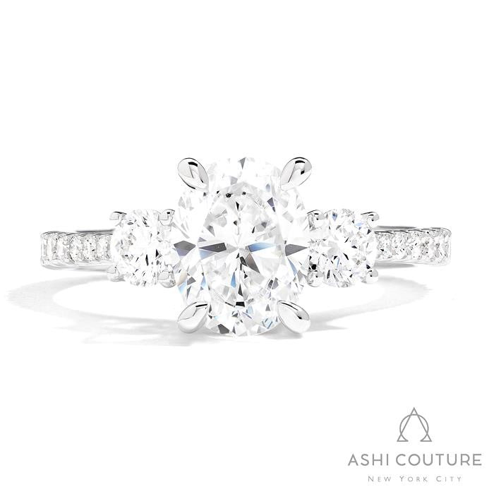 Bridal 3-Stone Diamond Oval Semi-Mount Engagement Ring With Round Side Diamonds in White Gold