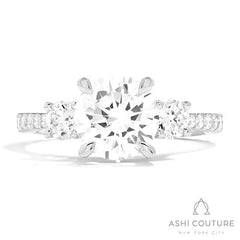 Bridal 3-Stone Diamond Round Semi-Mount Engagement Ring With Round Side Diamonds in White Gold